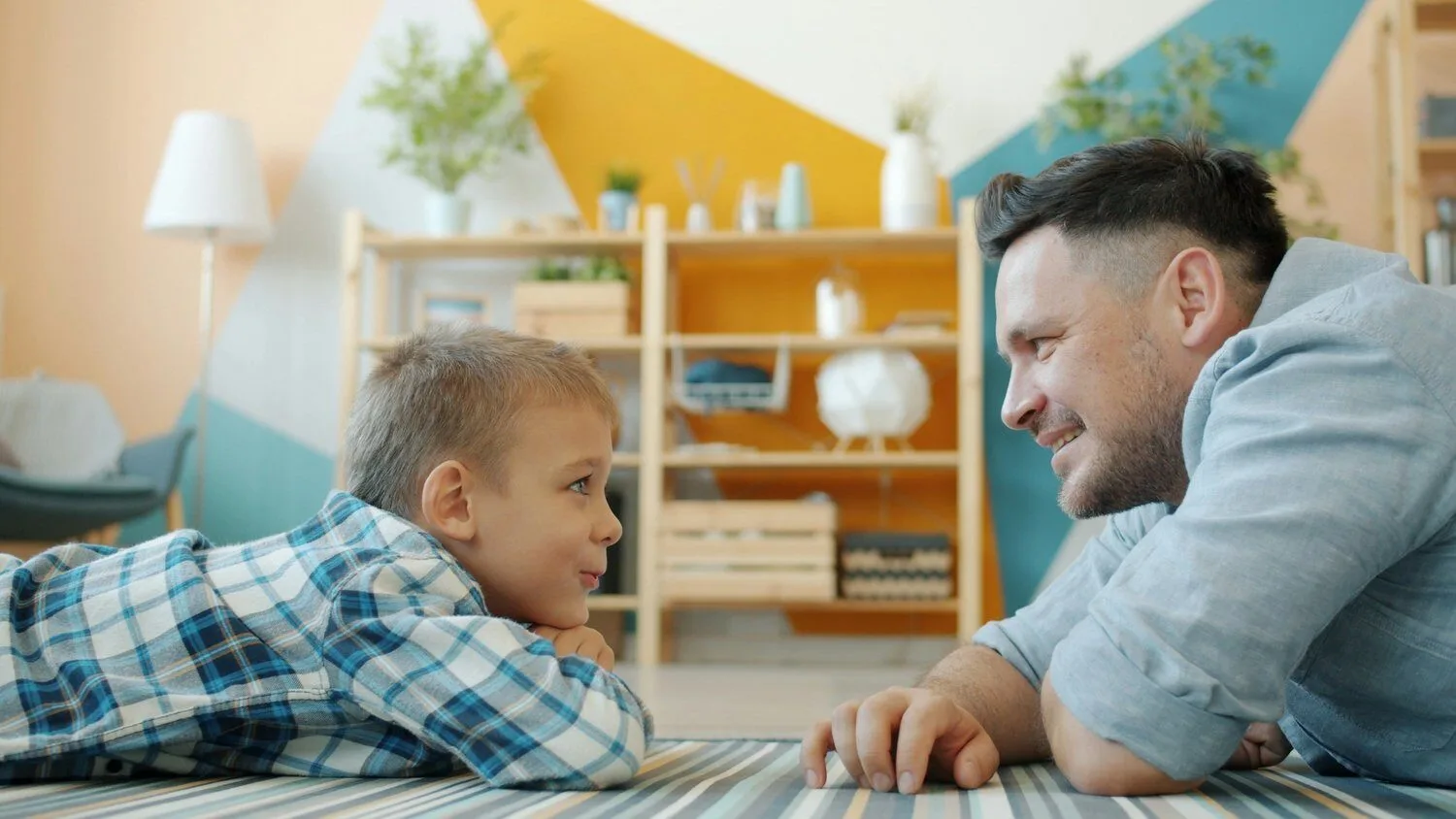 Parent and child talking together about their day
